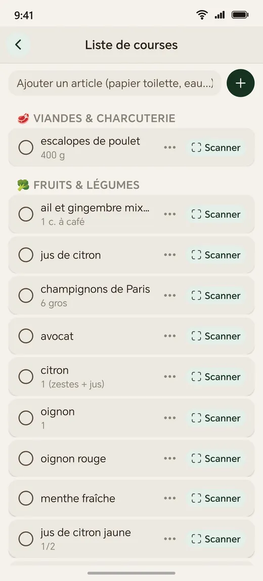 Liste de courses générée depuis le planning