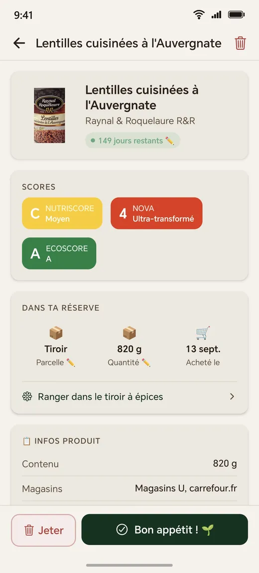 Fiche produit avec Nutriscore, Nova, Ecoscore et jours restants