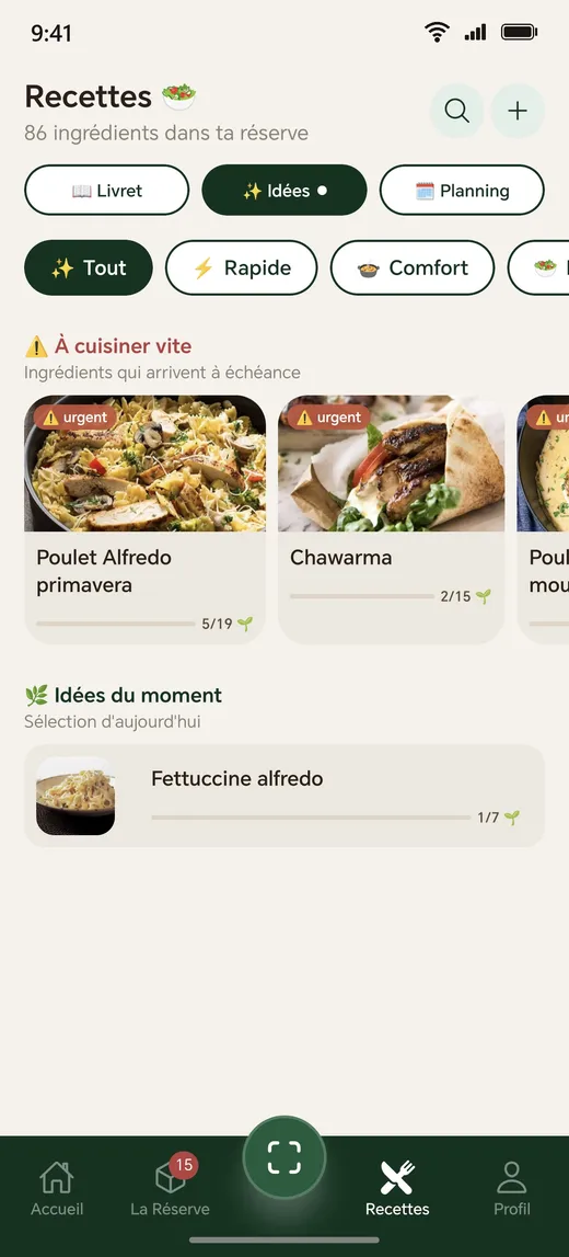 Idées de recettes classées selon ce que tu as en Réserve