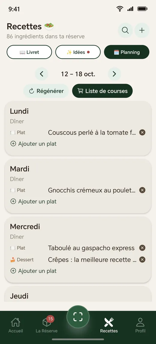 Planning de la semaine avec plat et dessert par repas